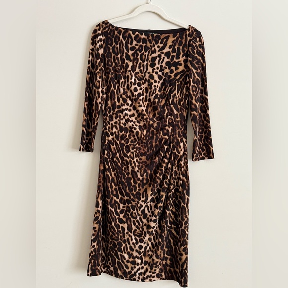 Lauren Ralph Lauren Leopard Print Sheath Dress with Side Ruching Womens Size 2 - Picture 2 of 11
